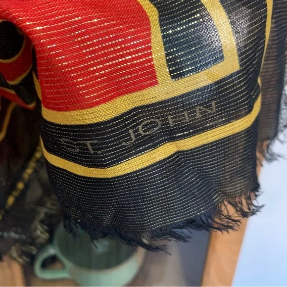 Vintage 80s St John Knit Scarf Print Square Red Black Gold Square - Picture 3 of 5